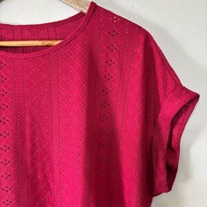 Hot Pink Eyelet Lace Roll Sleeve Blouse Size XL